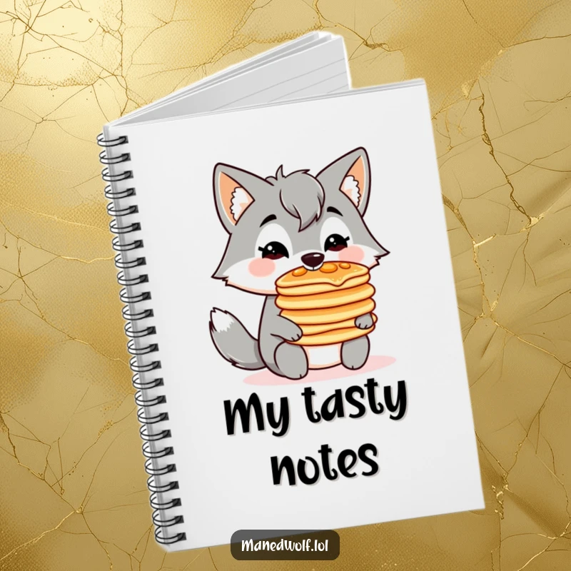 Funny notebook cover featuring a kawaii maned wolf balancing a stack of pancakes on its nose, perfect for recipe notes.