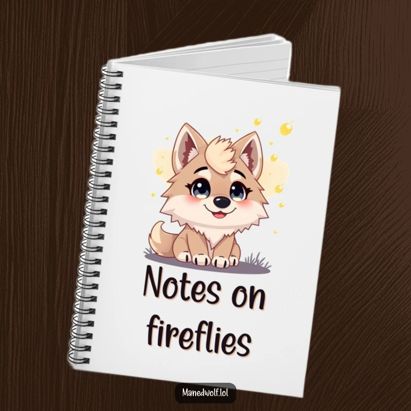 Funny notebook with a maned wolf's happy eyes captivated by glowing fireflies during a peaceful dusk scene.