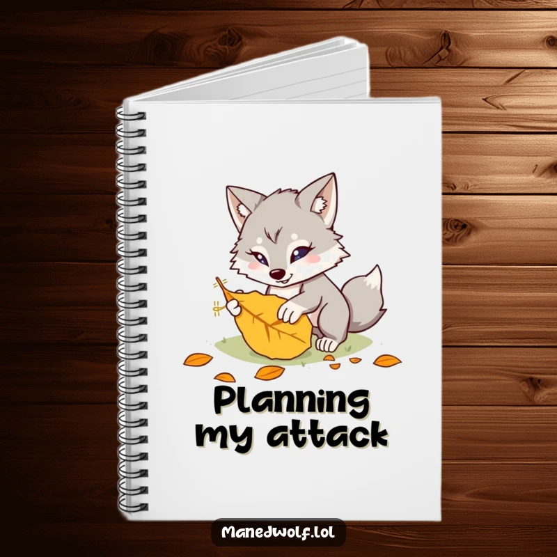 Funny kawaii maned wolf notebook featuring a cute creature playfully pouncing on a leaf, ideal for jotting down thoughts with humor.