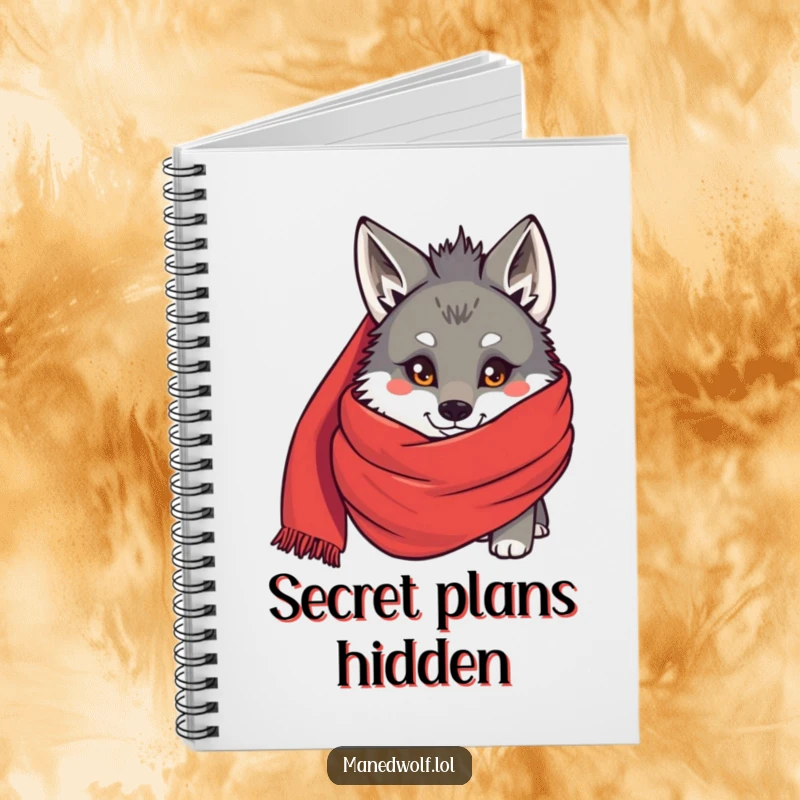 Funny Maned wolf peeking from behind a large red scarf on a notebook cover, perfect for jotting down shy thoughts.