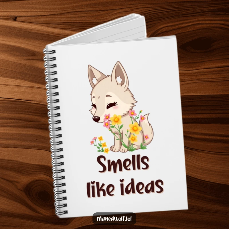 Funny maned wolf notebook featuring a character delightedly sniffing a bouquet of wildflowers, ideal for capturing ideas.