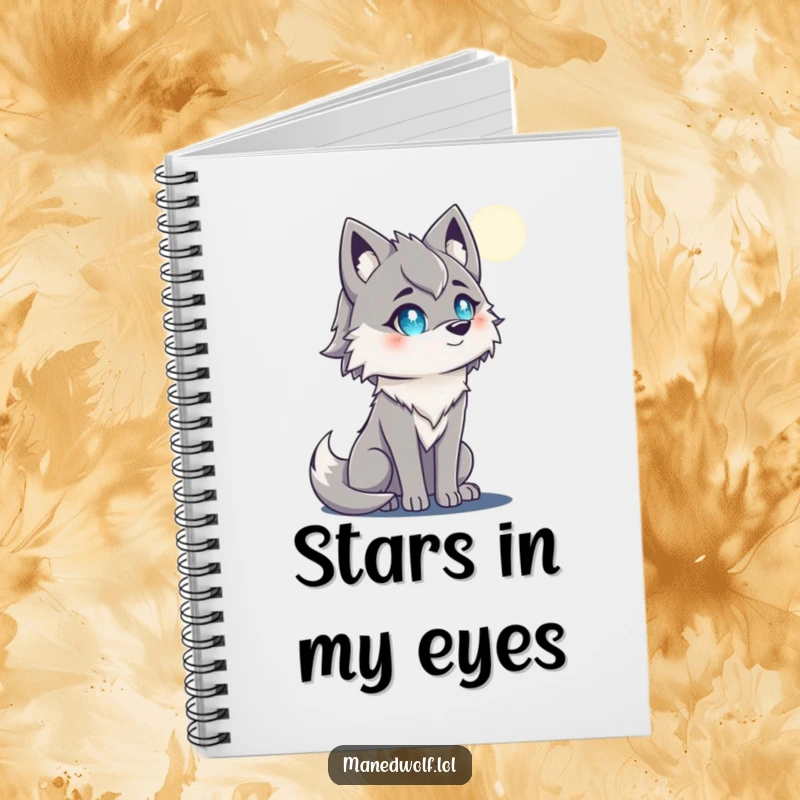 Funny maned wolf notebook with sparkling eyes looking at the moon, ideal for journaling dreams.