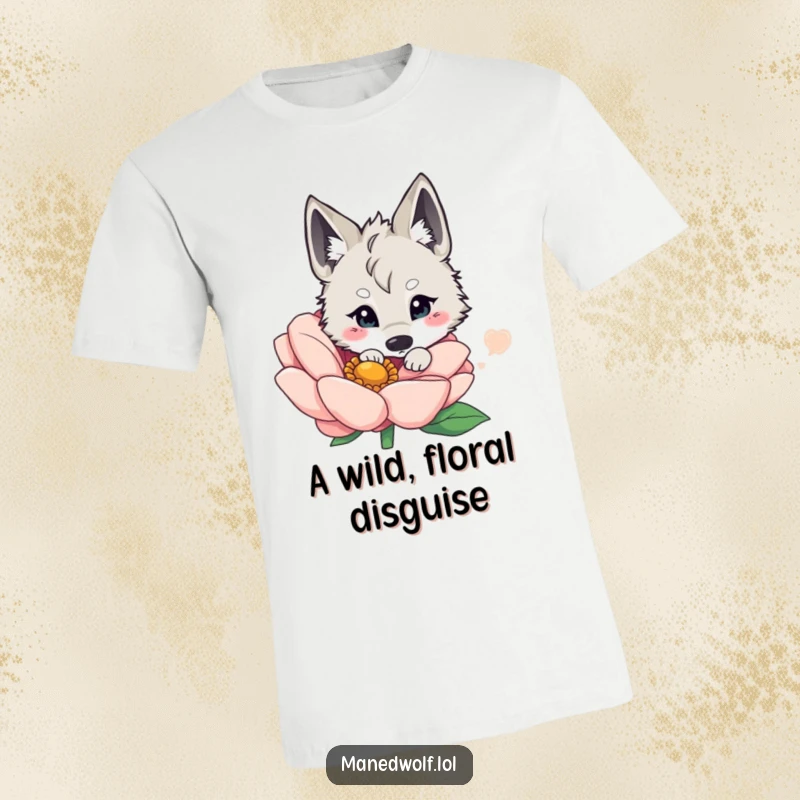 Funny kawaii maned wolf peeking from behind a giant, colorful flower, highlighting its gentle and playful personality on a t-shirt.