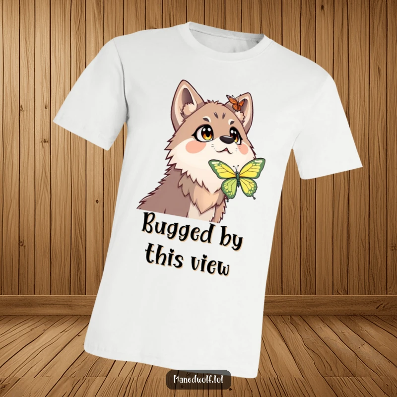 Funny maned wolf t-shirt depicting a surprised maned wolf with wide eyes gazing upwards at a floating butterfly.