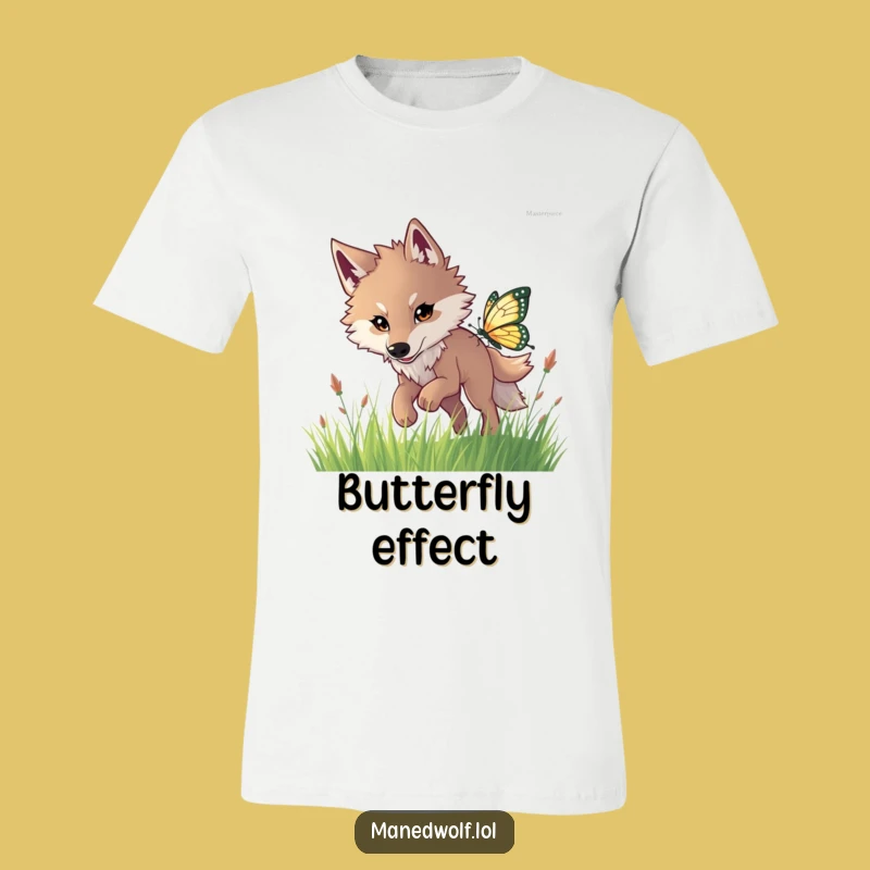 Funny Maned Wolf Butterfly Chase T-Shirt: Playful Energy Tee!