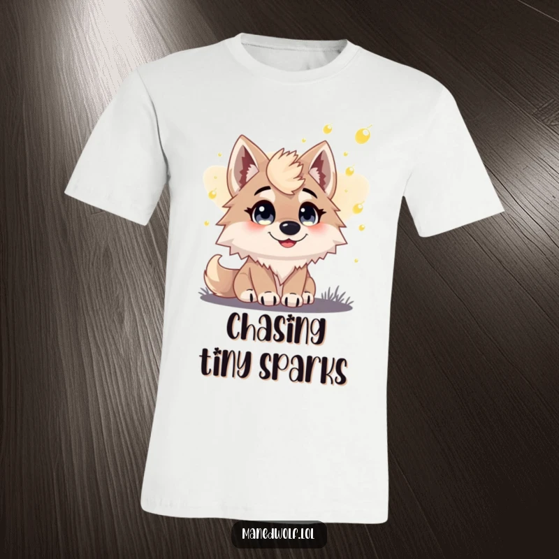 Funny t-shirt showing a maned wolf with big, happy eyes enthralled by twinkling fireflies during twilight.