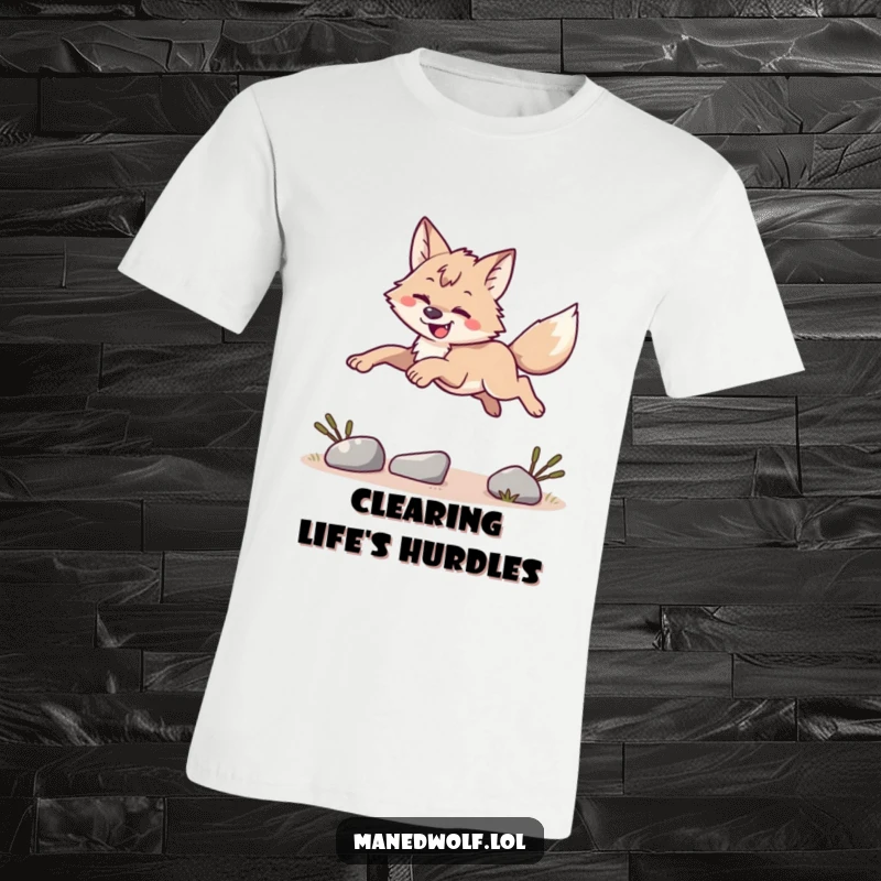 Funny agile maned wolf mid-leap over an obstacle, dynamic t-shirt, hilarious funny gift for animal lovers.
