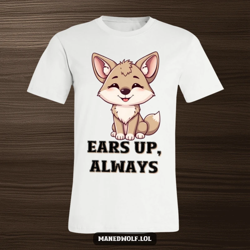 Funny maned wolf t-shirt with a happy wolf tilting its head, showcasing its big, perked-up ears.