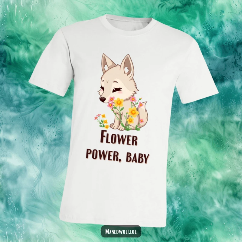 Funny maned wolf t-shirt featuring a character joyfully sniffing a fragrant bouquet of wildflowers, embodying happy appreciation.