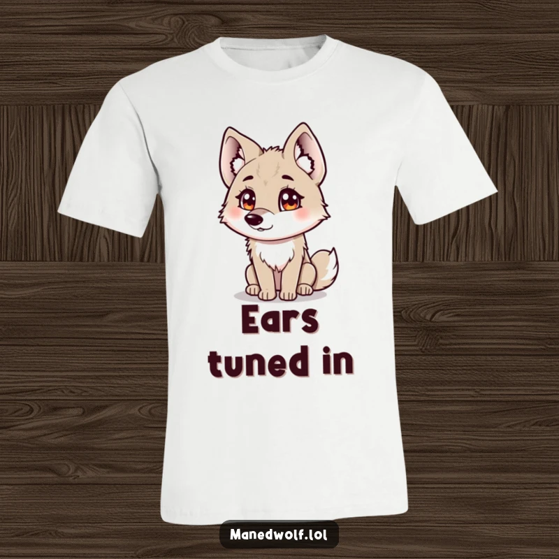 Funny maned wolf t-shirt depicting a curious maned wolf tilting its head with fluffy ears.