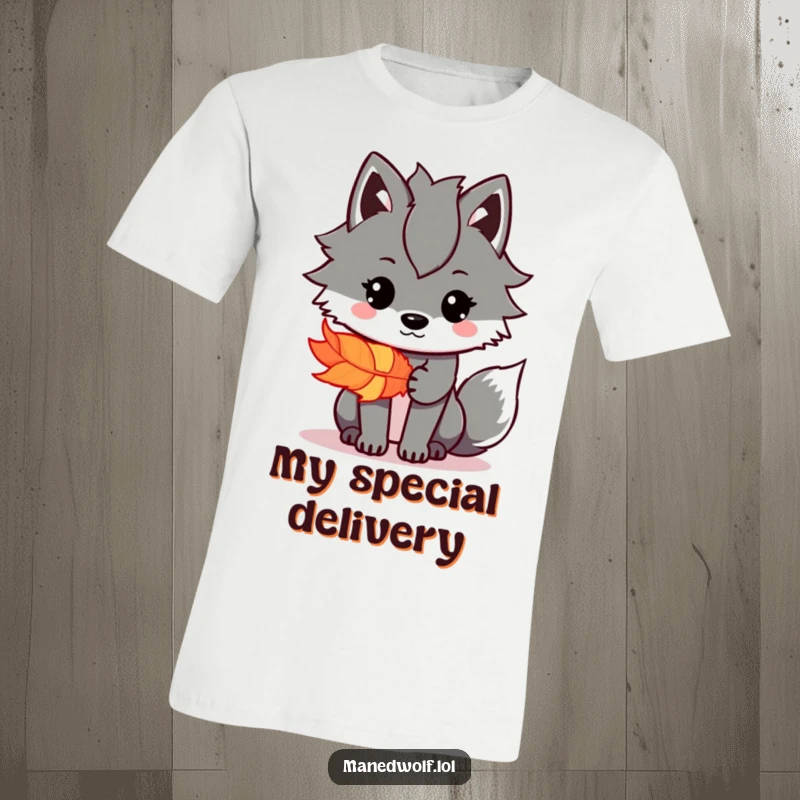 Funny Kawaii Maned Wolf T-Shirt with a cute wolf offering a vibrant feather, perfect for a funny gift.
