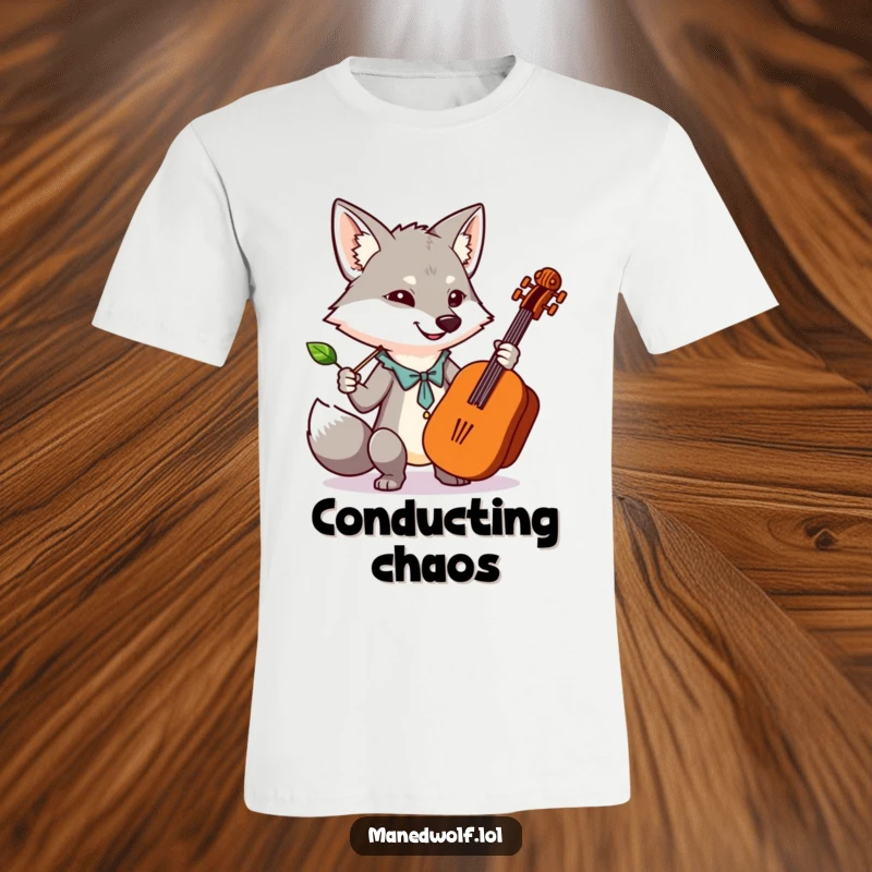 Funny, cute t-shirt featuring a kawaii maned wolf conducting an orchestra with a leaf, embodying musical whimsy.