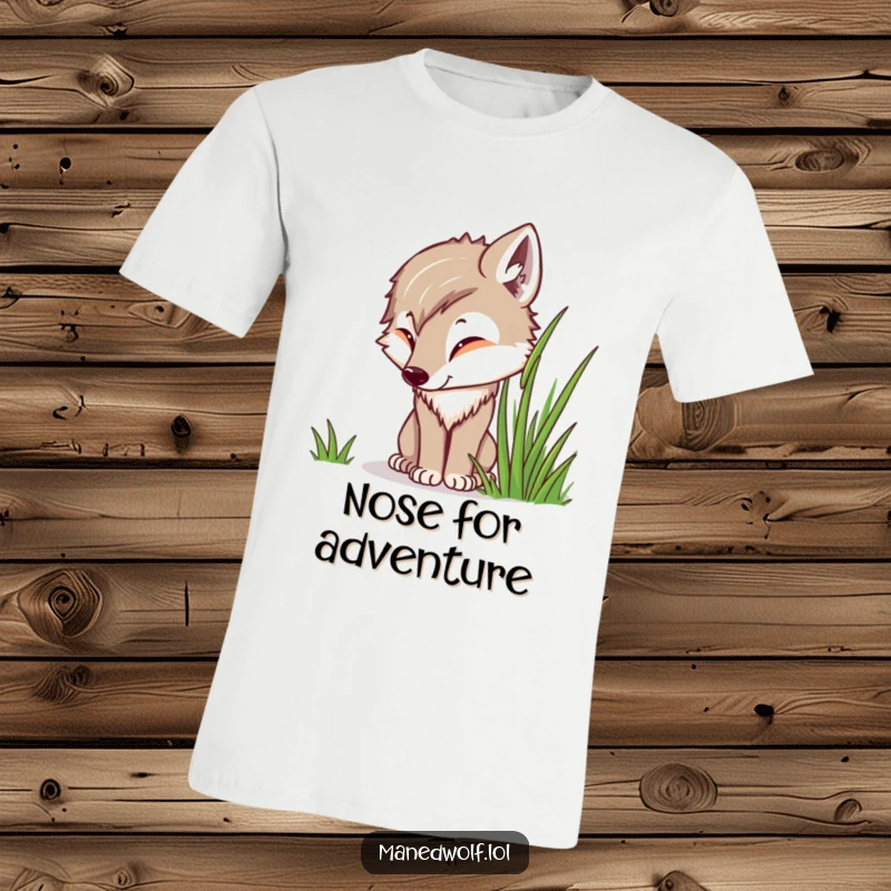 Funny Kawaii Maned Wolf T-Shirt depicting a cute wolf curiously sniffing a blade of grass, highlighting exploration and gentle curiosity.