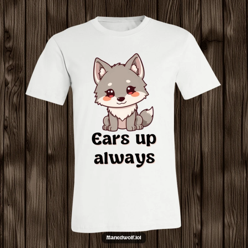 Funny Kawaii Maned Wolf T-Shirt: A cute maned wolf with ears perked curiously, a humorous design for the inquisitive.