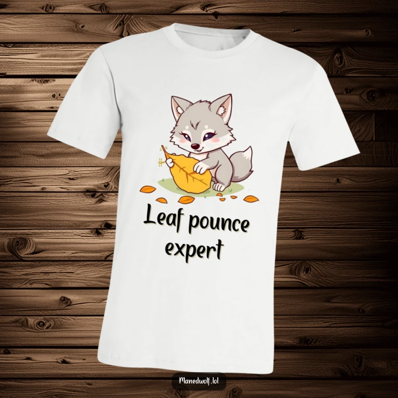 Funny kawaii maned wolf t-shirt design featuring a cute creature playfully pouncing on a leaf, symbolizing energetic fun.
