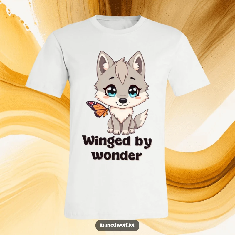 Funny Maned wolf t-shirt, depicting a wide-eyed creature comically surprised by a delicate butterfly fluttering nearby, expressing playful shock.
