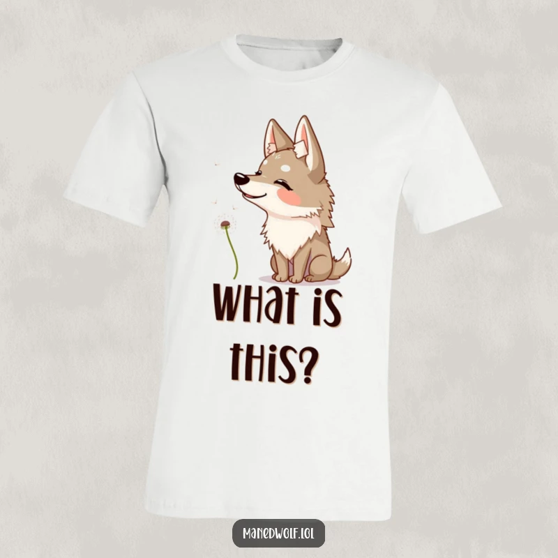 Funny maned wolf t-shirt featuring a happy wolf with its head tilted quizzically, observing a dandelion seed.