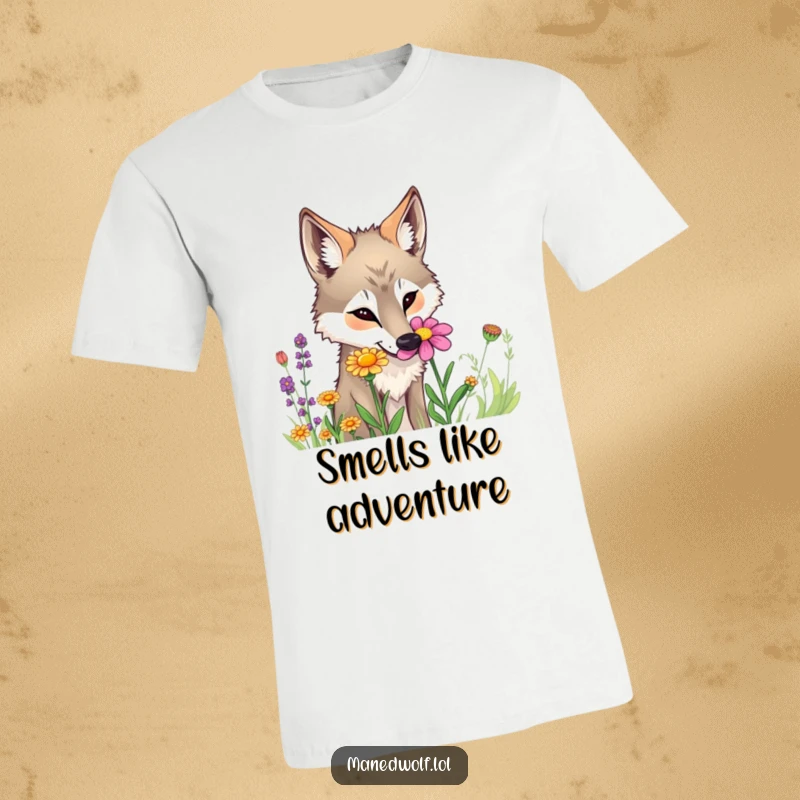 Funny maned wolf t-shirt featuring a curious wolf intently sniffing a colorful wildflower.