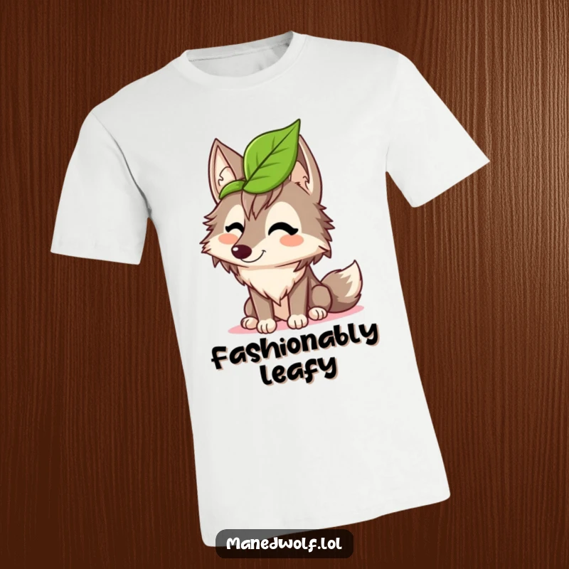 Funny maned wolf t-shirt depicting a wolf giggling hysterically while trying to wear a leaf as a hat, pure comical silliness.