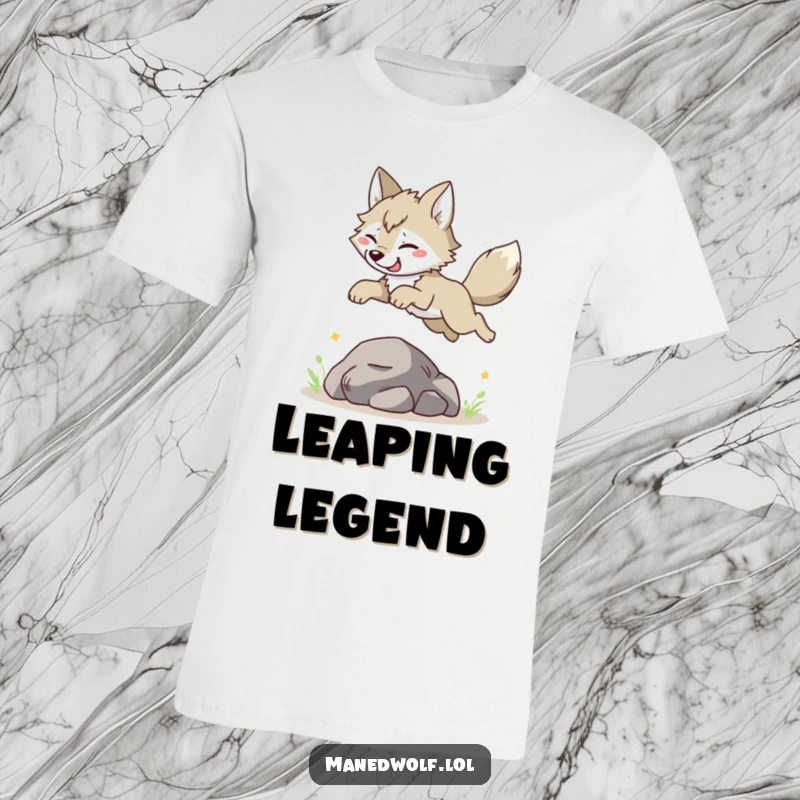 Funny Maned Wolf T-Shirt: Playful character leaping over a rock, embodying pure joy and athletic fun, great gift.