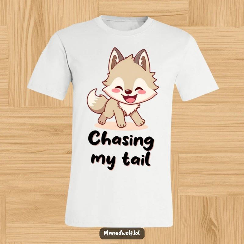 Funny maned wolf t-shirt with a joyful wolf chasing its shadow, symbolizing playful energy and humorous self-amusement.