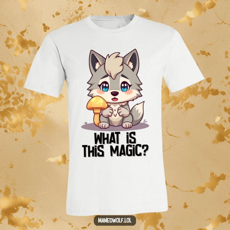 Funny Maned Wolf T-Shirt depicting a character looking utterly surprised while holding a luminous, glowing mushroom, celebrating wonder.