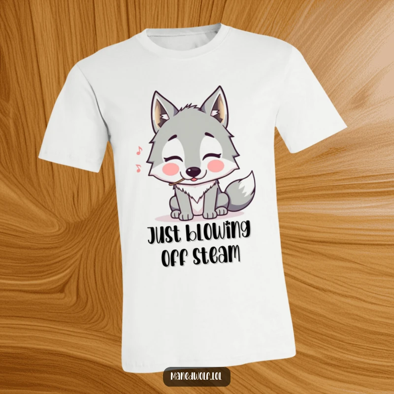 Funny Maned Wolf T-Shirt: A whimsical maned wolf with puffed cheeks comically trying to whistle a tune, radiating pure silliness.