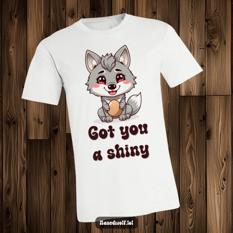 Funny t-shirt featuring a maned wolf with a big cheerful grin, presenting a shiny pebble with a friendly demeanor.