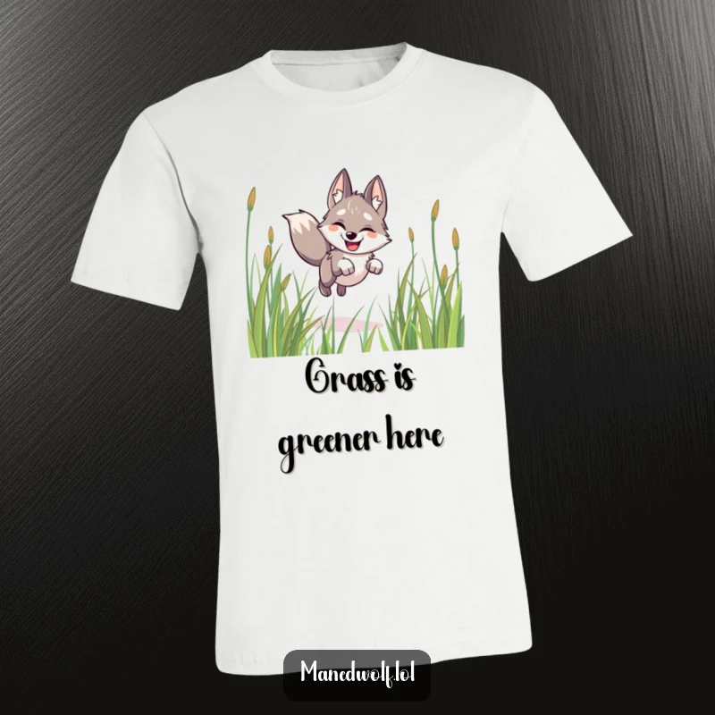 Funny maned wolf t-shirt, happy, ears perked, leaping joyfully through tall grass, capturing freedom and fun.