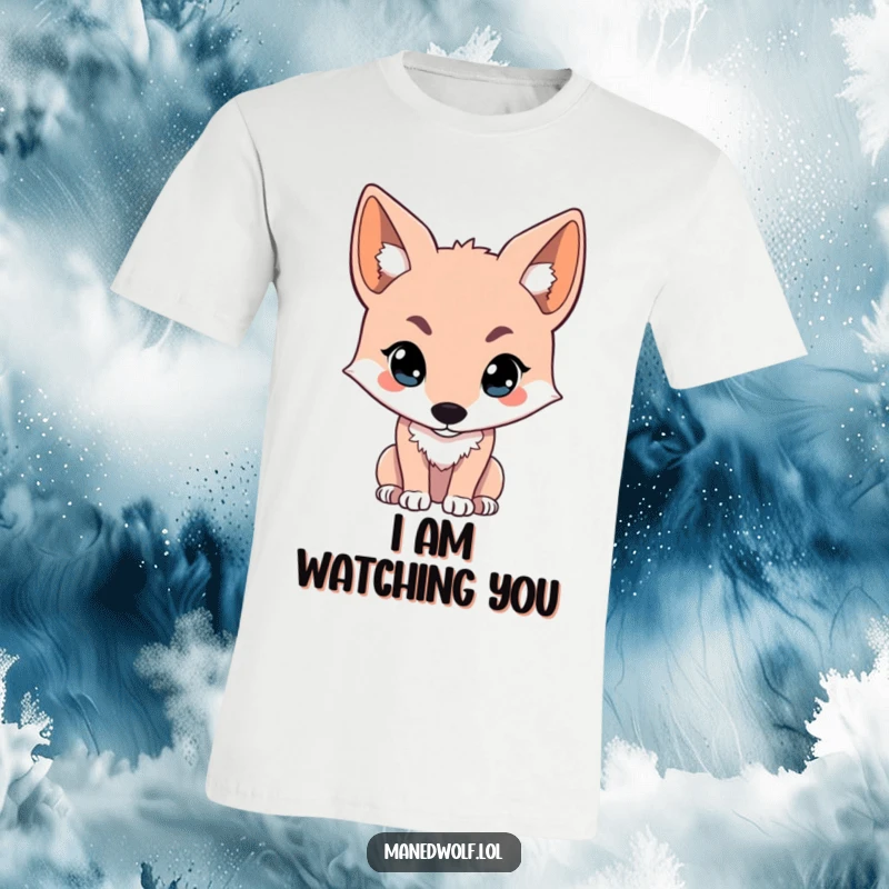 Funny kawaii maned wolf t-shirt depicting a cute wolf looking intently off-screen, perfect for expressing curiosity and humor.