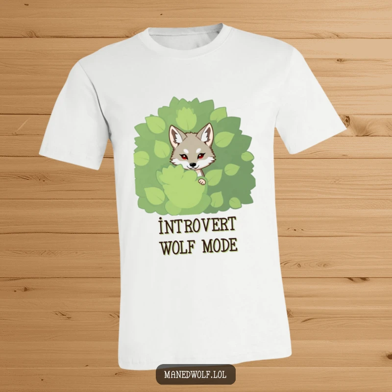Funny shy maned wolf t-shirt, peeking from behind a lush bush, showcasing playful shyness and nature.