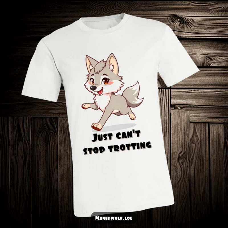 Funny maned wolf t-shirt showing a character in a happy, bouncy trot, radiating fun and playful energy.