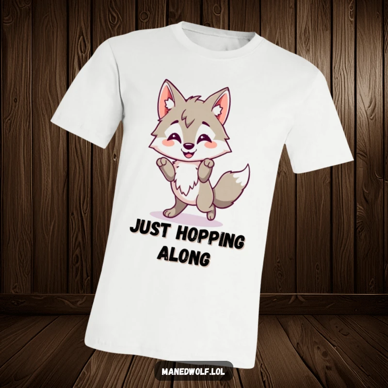 Funny Kawaii Maned Wolf T-Shirt depicting a cute wolf doing a happy little hop, conveying infectious joy and playful energy.
