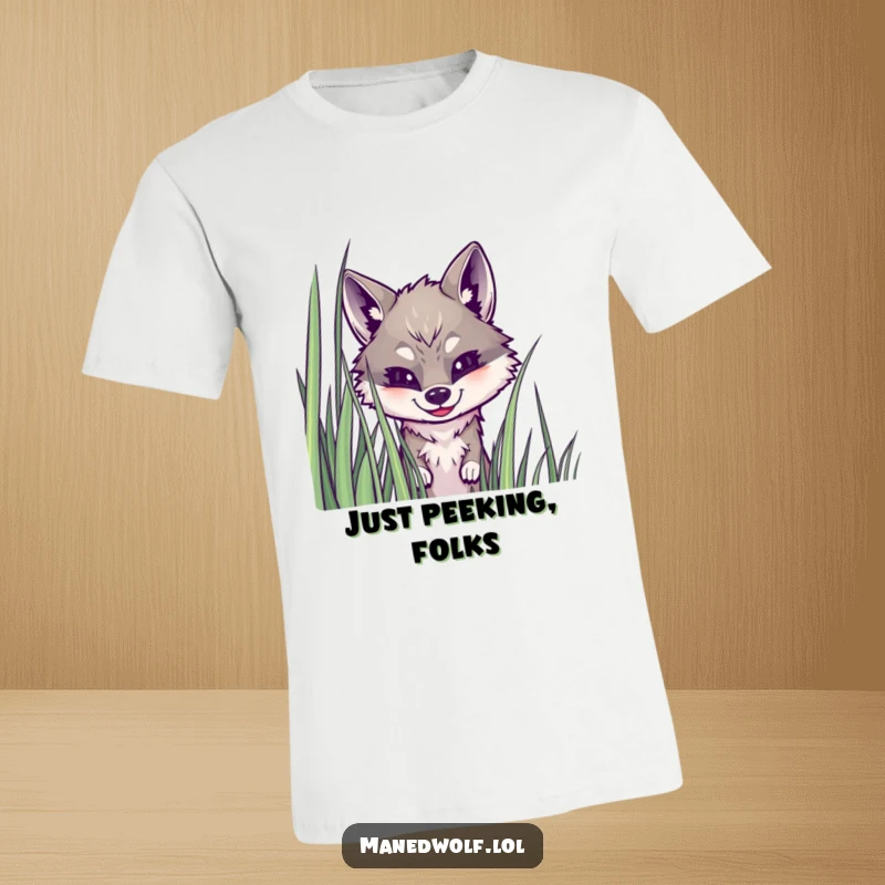 Funny maned wolf t-shirt with a wolf peeking from tall grass, conveying a sense of playful mischief and charming curiosity.