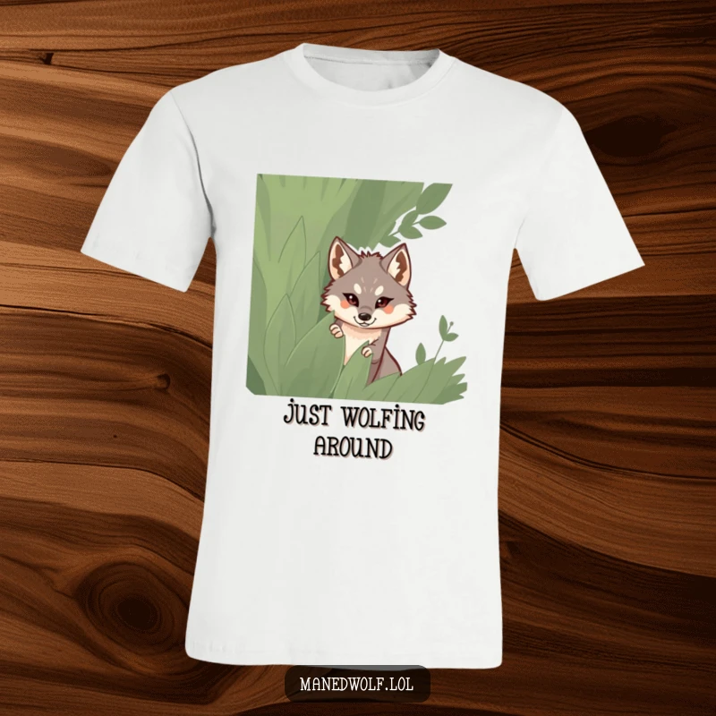 Funny t-shirt depicting a maned wolf peeking mysteriously from behind a dense, leafy bush.