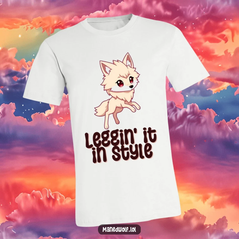 Funny kawaii maned wolf t-shirt showcasing a cute character with dramatically long legs striking a stylish stride.