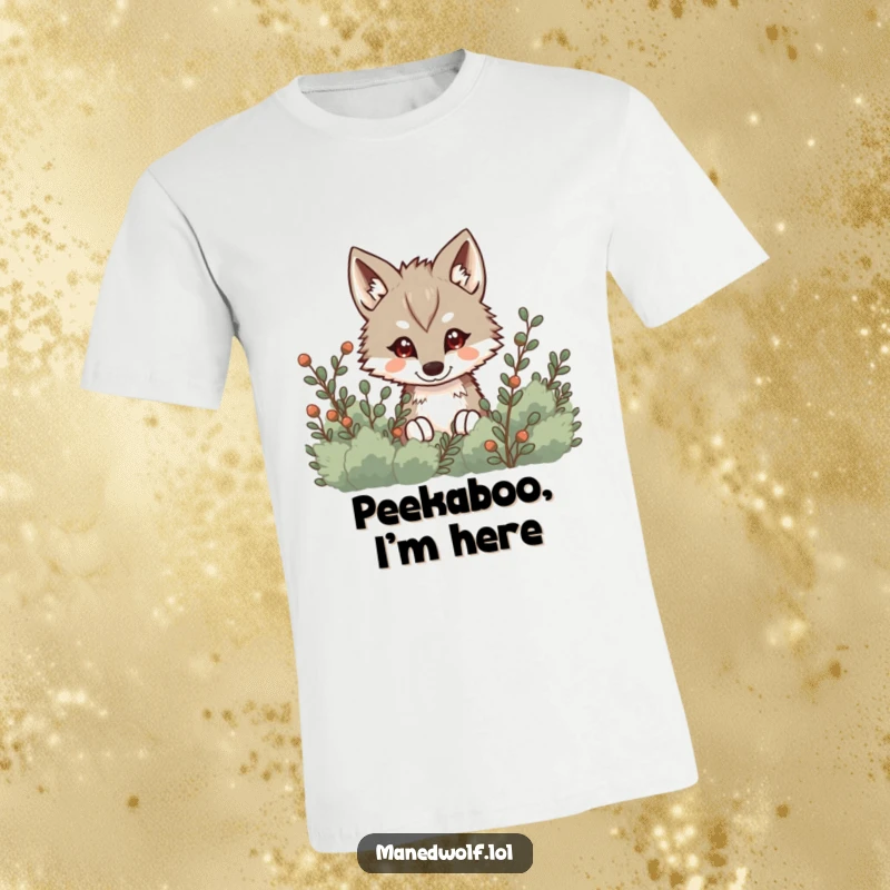 Funny Kawaii Maned Wolf T-Shirt depicting a cute wolf peeking from behind bushes, conveying curiosity and a hint of playful secretiveness.