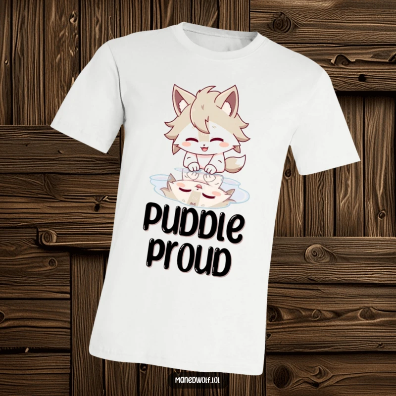Funny t-shirt depicting a maned wolf character laughing heartily while viewing its reflection in a puddle.