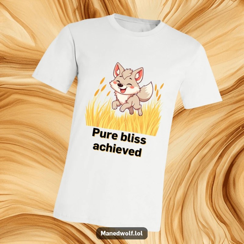 Funny maned wolf t-shirt featuring a happy wolf joyfully bounding through tall, golden grass with a big smile.