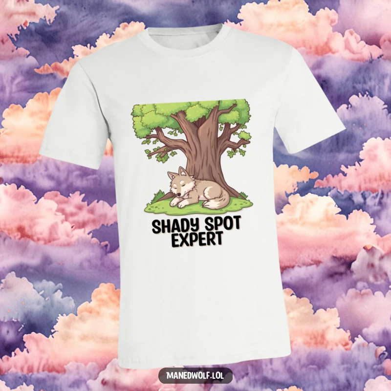 Funny maned wolf t-shirt depicting a content maned wolf resting peacefully under a large tree.
