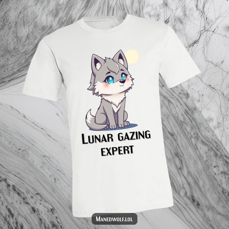 Funny maned wolf t-shirt featuring a wolf with captivating sparkling eyes looking up at a radiant moon.