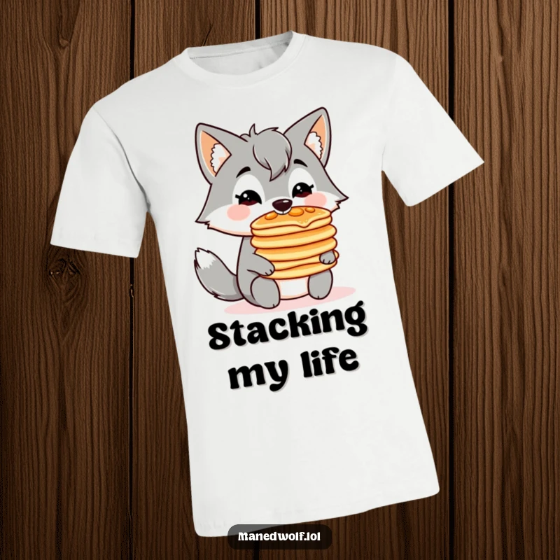 Funny, cute t-shirt featuring a kawaii maned wolf balancing a stack of pancakes on its nose, celebrating breakfast.