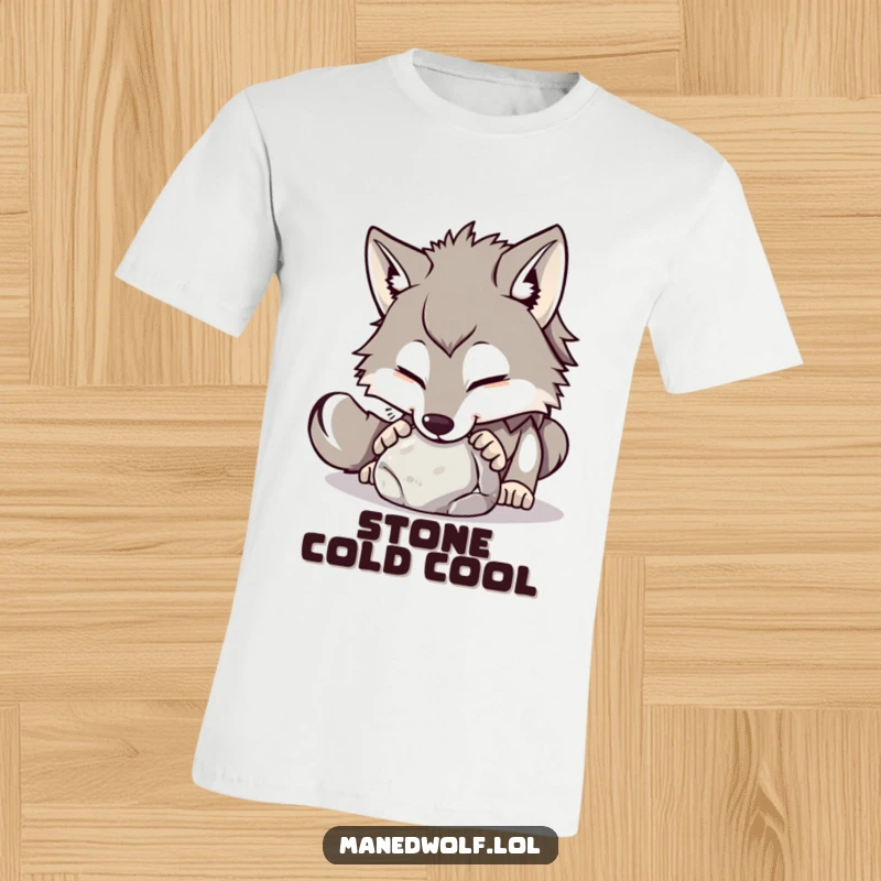 Funny maned wolf t-shirt depicting a playful wolf nudging a small, round stone with its curious nose.