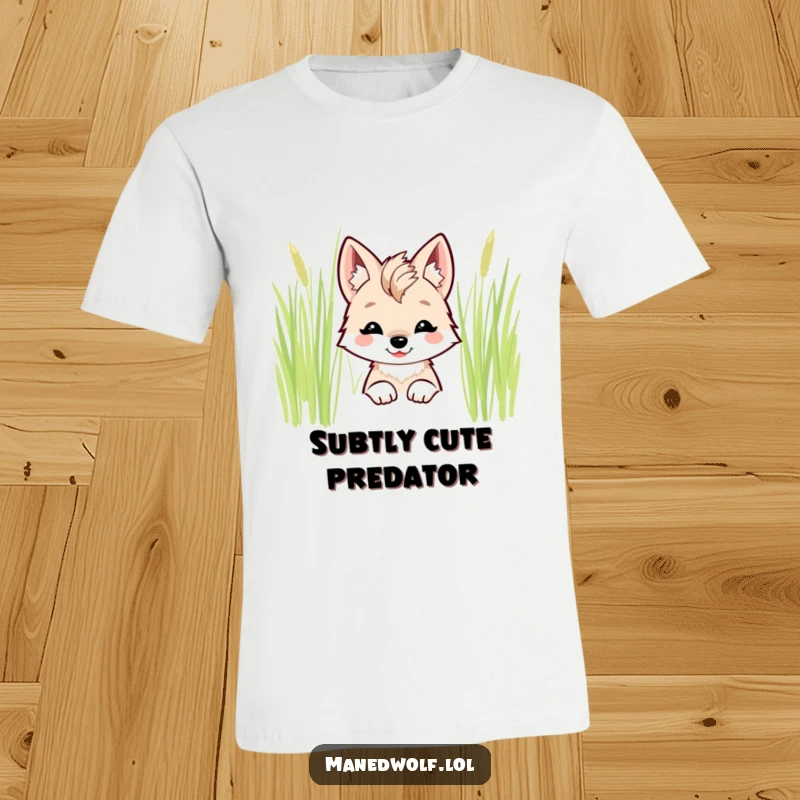 Funny kawaii maned wolf t-shirt featuring a smiling wolf peeking from behind tall grass.
