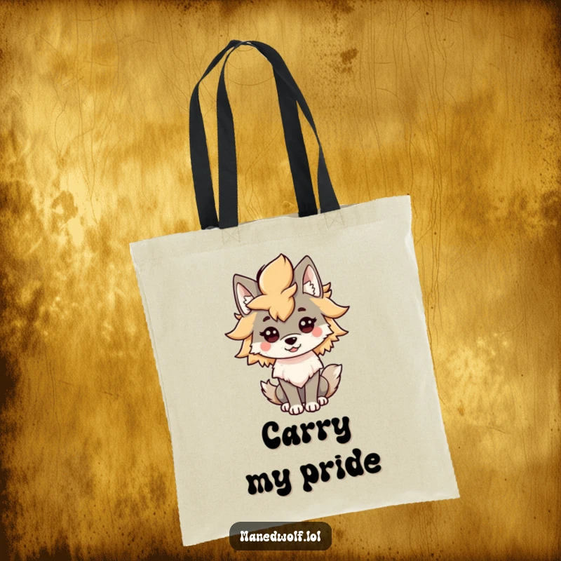 Funny Kawaii Maned Wolf Mane Tote Bag: A stylized wolf humorously shows off its bushy mane, adding a splash of wild glamour to everyday tasks.