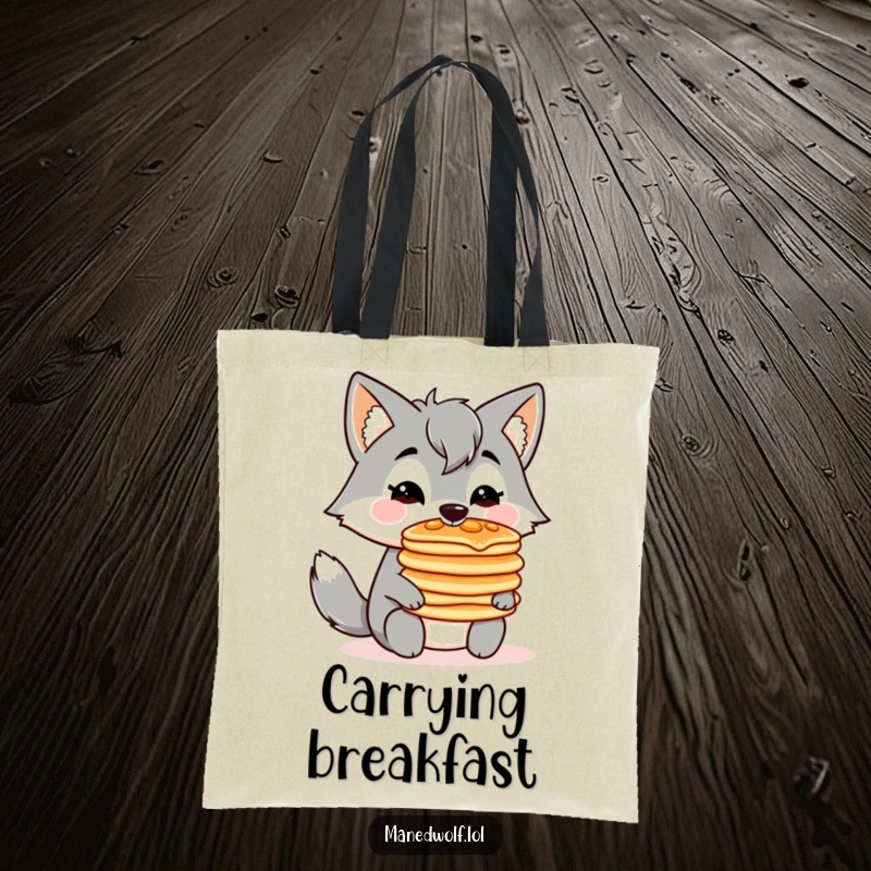 Funny, cute tote bag featuring a kawaii maned wolf balancing a stack of pancakes on its nose, perfect for market runs.