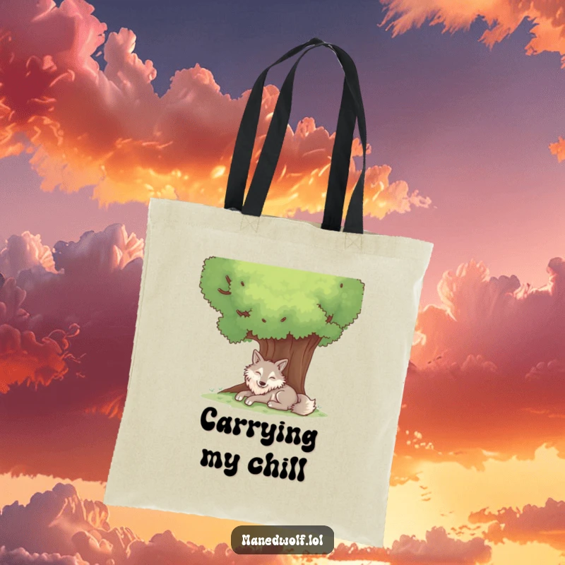 Funny tote bag featuring a contented maned wolf resting peacefully beneath a large, shady tree.