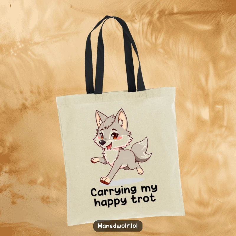 Funny maned wolf tote bag displaying a character's happy, bouncy trot, perfect for carrying items with a smile.