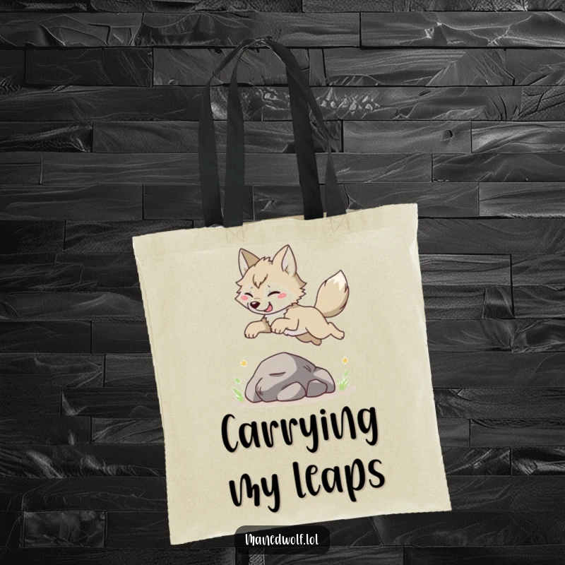 Funny Maned Wolf Tote Bag: Depicting a character joyfully leaping, this bag is a fun accessory for carrying daily items.