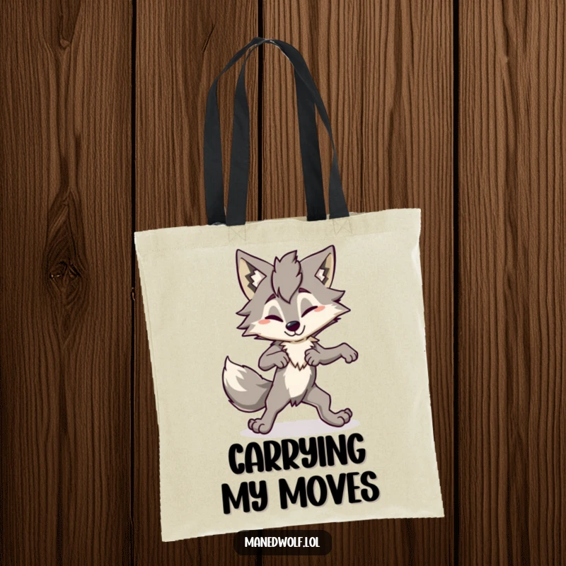Funny Maned Wolf Tote Bag showcasing a character performing a comically awkward dance, a humorous and practical accessory for daily life.
